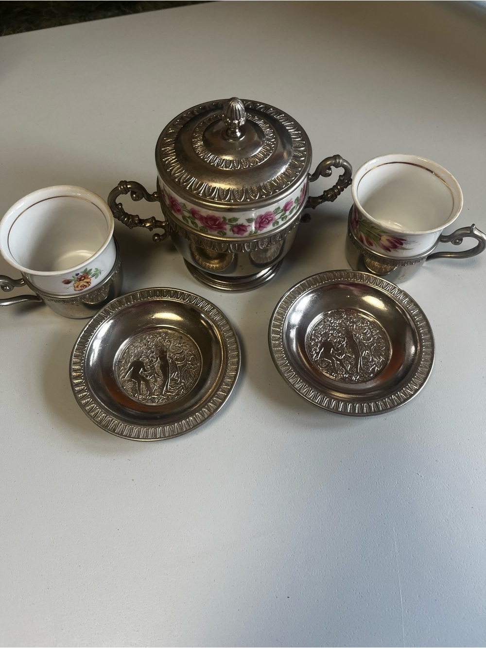 Vintage Zajecar Italy EP Zinc Art Style Porcelain & Pewter Espresso Cups Sugar